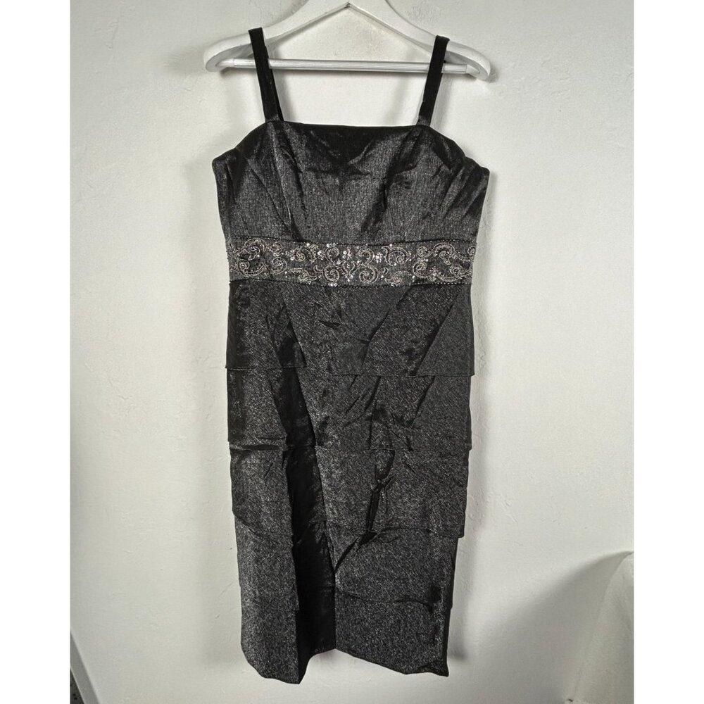 R&M Richards Womens Gray Silver Shimmer Cocktail Dress Size 14 Tiered Ruffle
